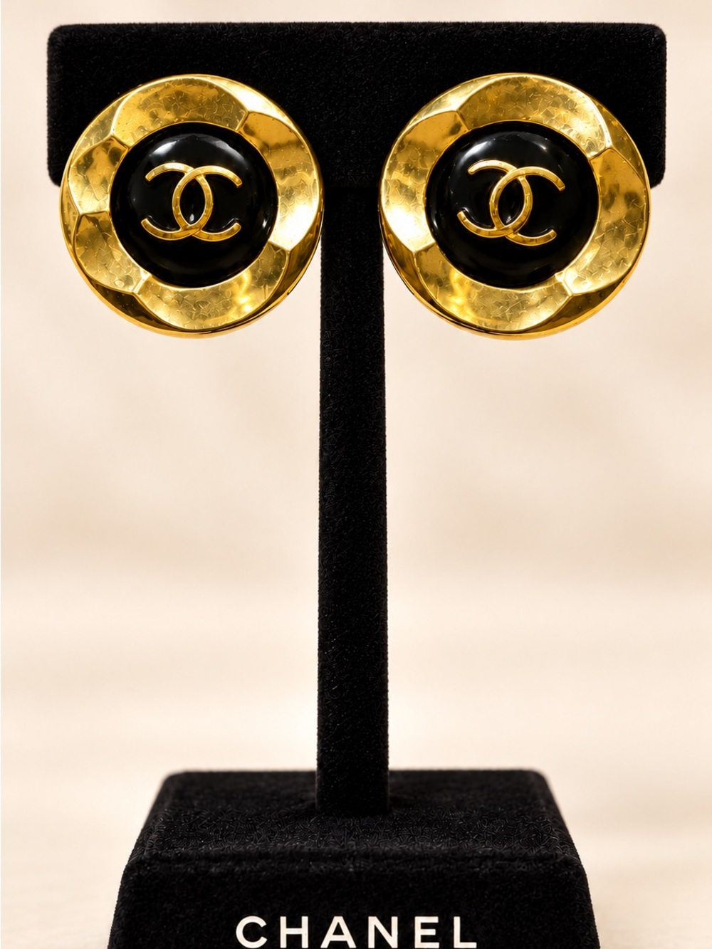 CHANEL Gold-Tone Earrings with Black CC Medallions